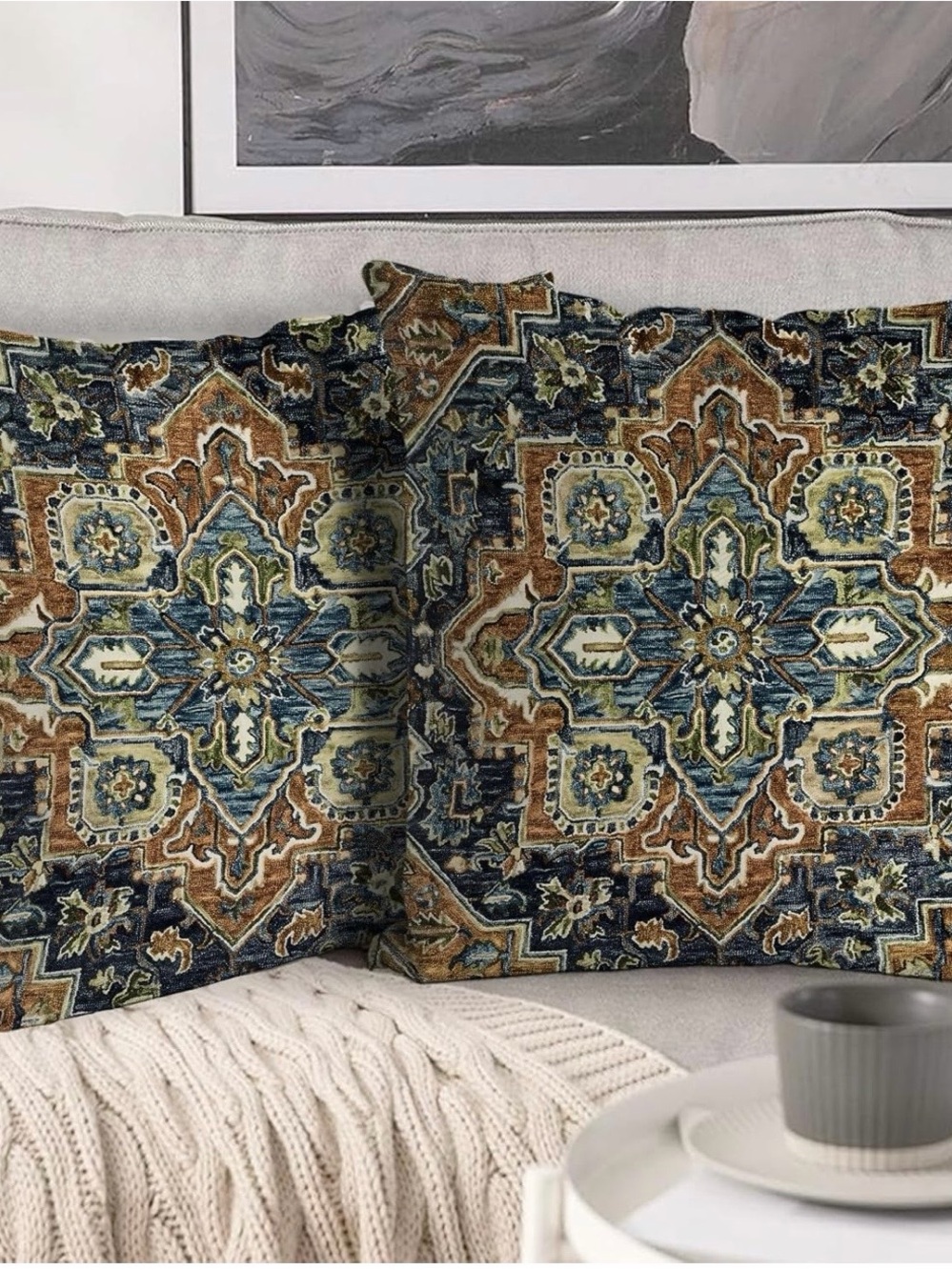 Decorative Medallion Throw Pillow covers Pair in Blue and Brown - 2-Pack